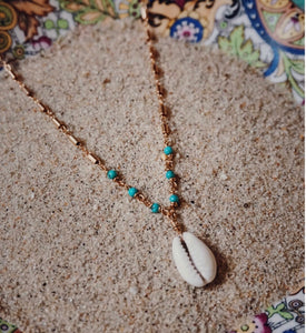 gold cable chain necklace, tiny turquoise beads, cowrie shell, product image