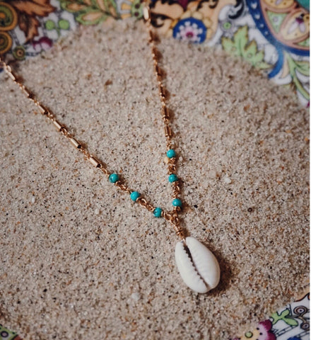 gold cable chain necklace, tiny turquoise beads, cowrie shell, product image