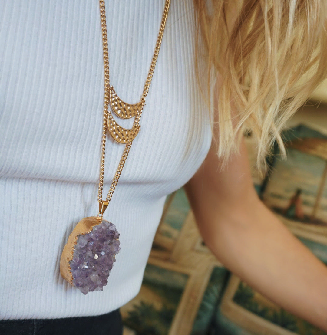 long, gold, amethyst druzy pendant necklace with crescent moon accent, close up image on model