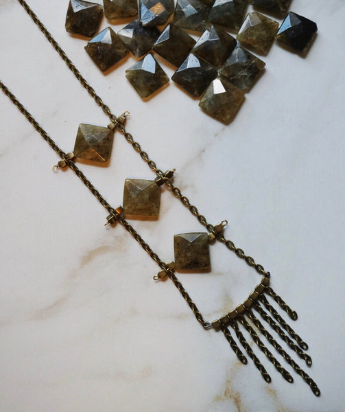 bronze chained, labradorite diamond beads, ladder styled, long necklace, product image