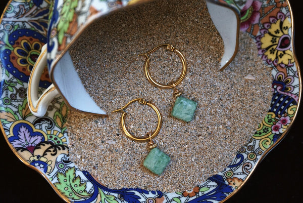 mini gold hoop earrings, green opal diamond bead suspended, product image