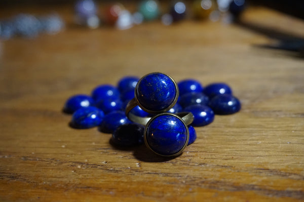 blue lapis, semiprecious stone, ring, bronze, adjustable base