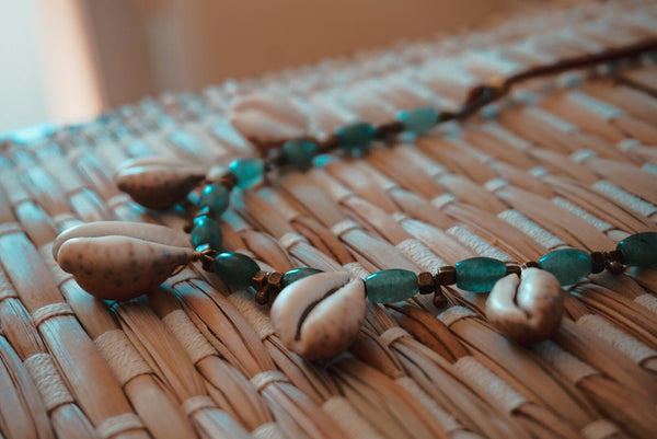 close up, suede necklace, cowrie shell, aventurine beaded, product image