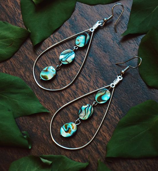 Sirena Scales earring, 3 tiered abalone ovals in silver teardrop hoop, product image