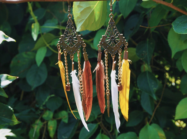 bronze accented statement earrings, three colorful feathers, product image