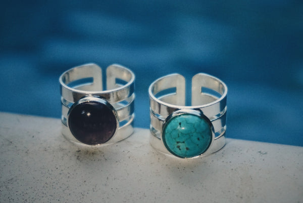 two semiprecious cuff rings. up close, product image