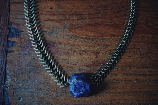 bronze, fishbone chain with raw amethyst, product image