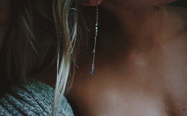 simple, silver bars, light blue crystals, drop earrings, on model