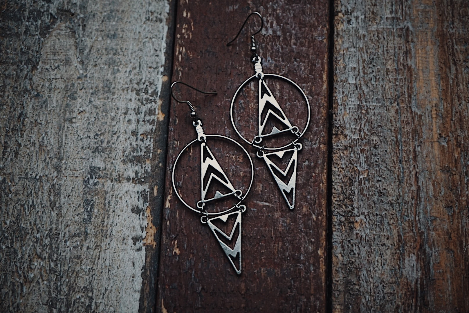 silver, tribal triangles, earring