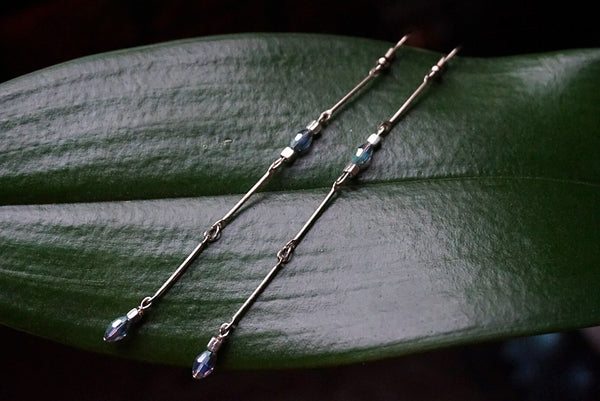 simple, silver bars, light blue crystals, drop earrings