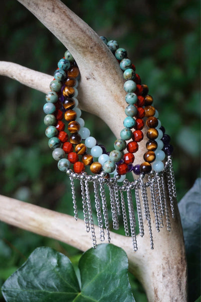 stretchy, semiprecious beaded, silver chain accent, African turquoise, amazonite, red jasper, tigers eye, amethyst, bracelets