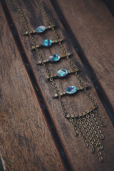 bronze, abalone, ladder style, long necklace, product image