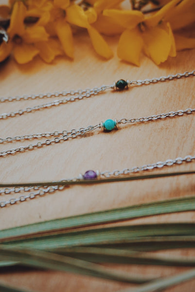 variety of silver Y necklaces, turquoise, amethyst, green sandstone, leaf, product image