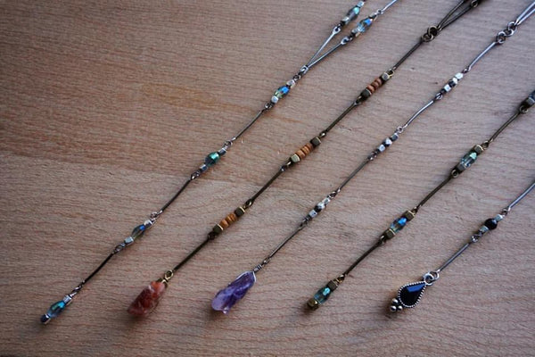 variety of colors, stones, crystals, rosary style, Y necklaces 