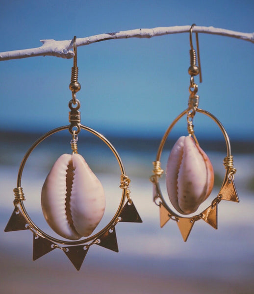 gold hoop, cowrie shell & triangle earrings, product image